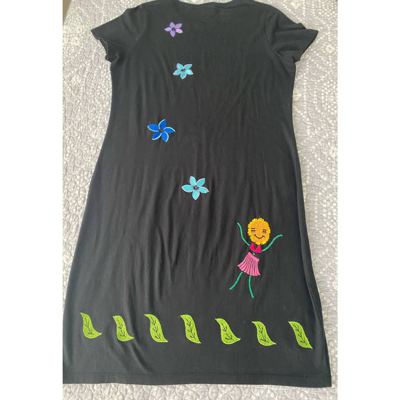 Michael Simon Lite Black Knee Length Dress Rare Embroidered Hula Flowers Medium - Picture 4 of 13